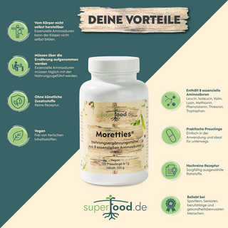 Moretties® - 8 essentielle Aminosäuren als Vegane Presslinge – MHD überschritten (08/2026)
