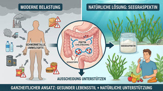 Grafik die Umwelt Gifte als problem und seegras Pektin als Lösung angibt.