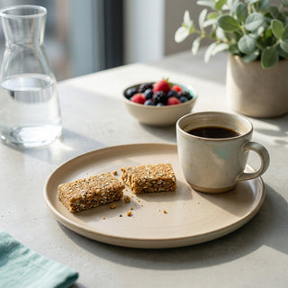 Geteilter Superfoody-Riegel aufm Teller mit Tasse Kaffee